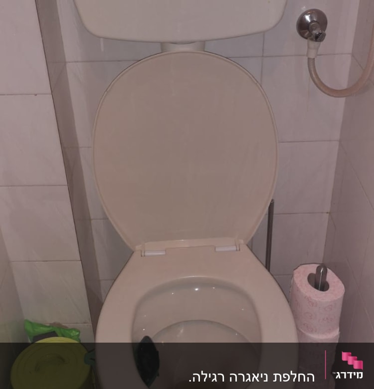 אסלה עם מיכל הדחה, נייר טואלט ופח אשפה